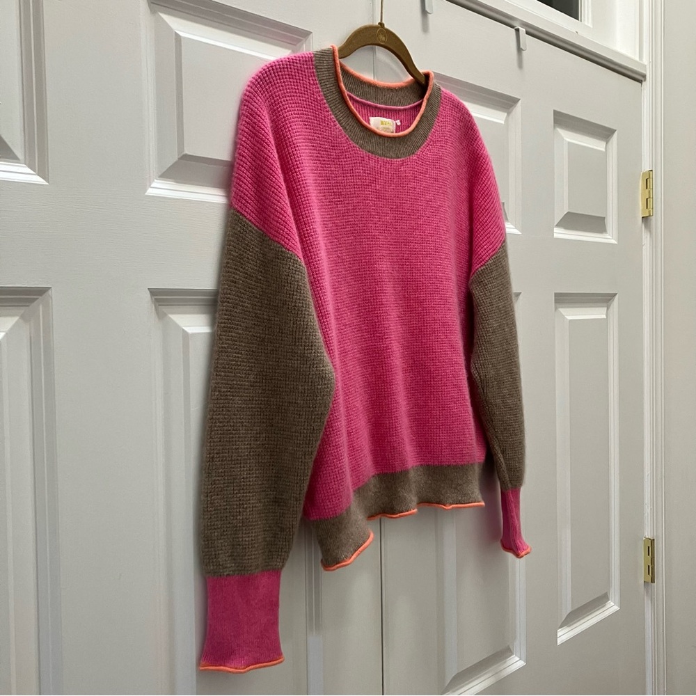 Maeve Anthropologie 100% Cashmere Colorblock Sweater Waffle Knit Pink Large - Picture 6 of 14